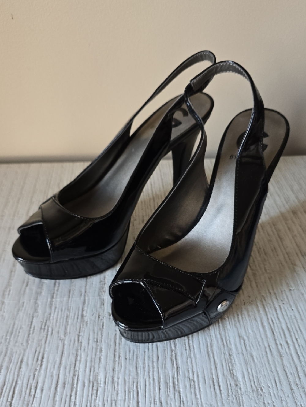 G by Guess Black Patent Peep-Toe Slingback Wedges - Picture 2 of 10